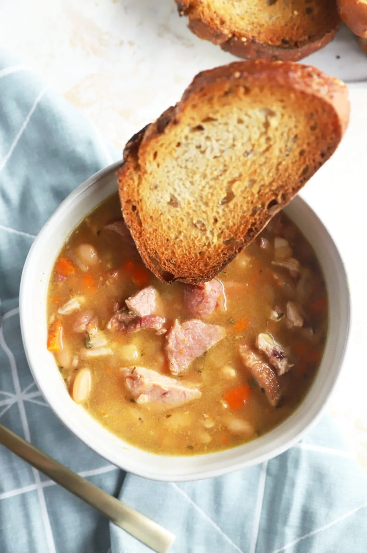 Overhead image of ham and bean soup