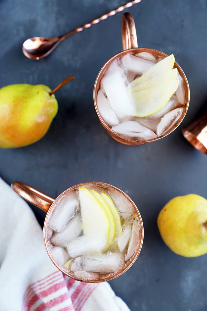 Overhead image of Moscow Mules with Pear