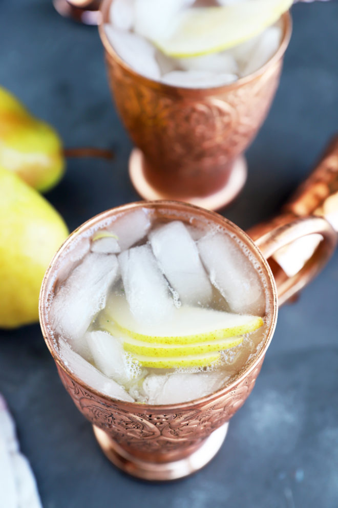 Copper mugs with pear moscow mules