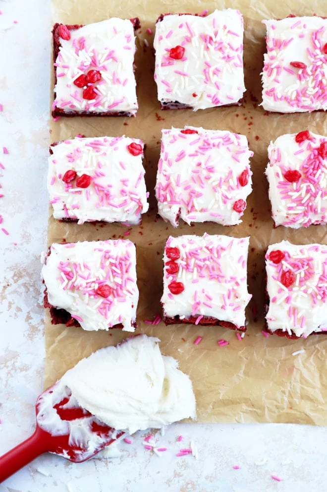 Overhead picture of cream cheese frosting on brownies