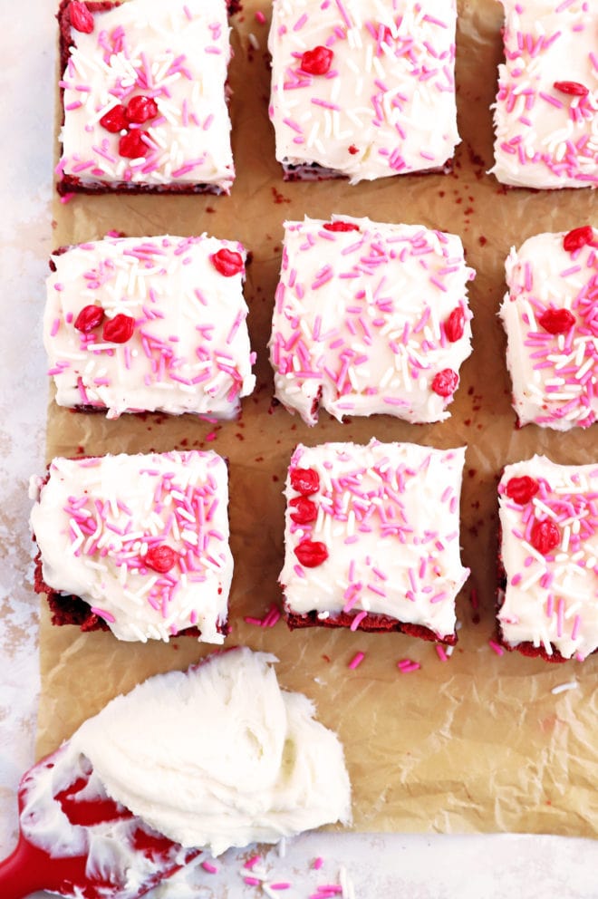 Image of frosting and red velvet brownies
