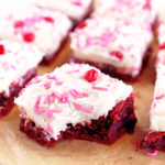 bite taken out of red velvet brownie image