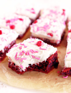 bite taken out of red velvet brownie image
