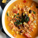 Overhead image of slow cooker queso chili