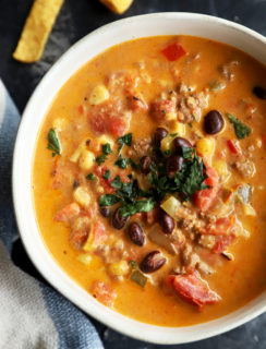 Overhead image of slow cooker queso chili