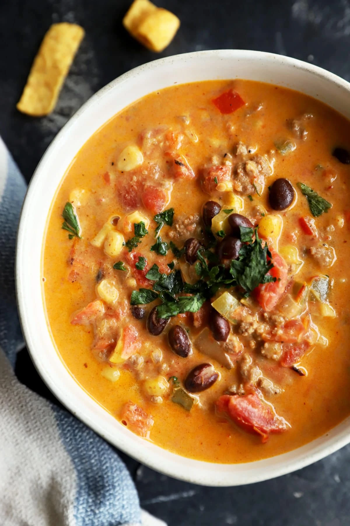 Overhead image of slow cooker queso chili