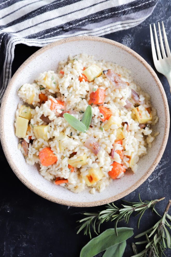 Overhead image of vegetable risotto