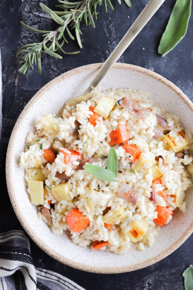 roasted vegetable risotto overhead image in bowl