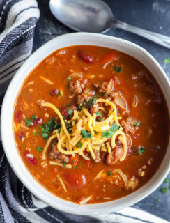 Overhead image of chili in a bowl with a spoon