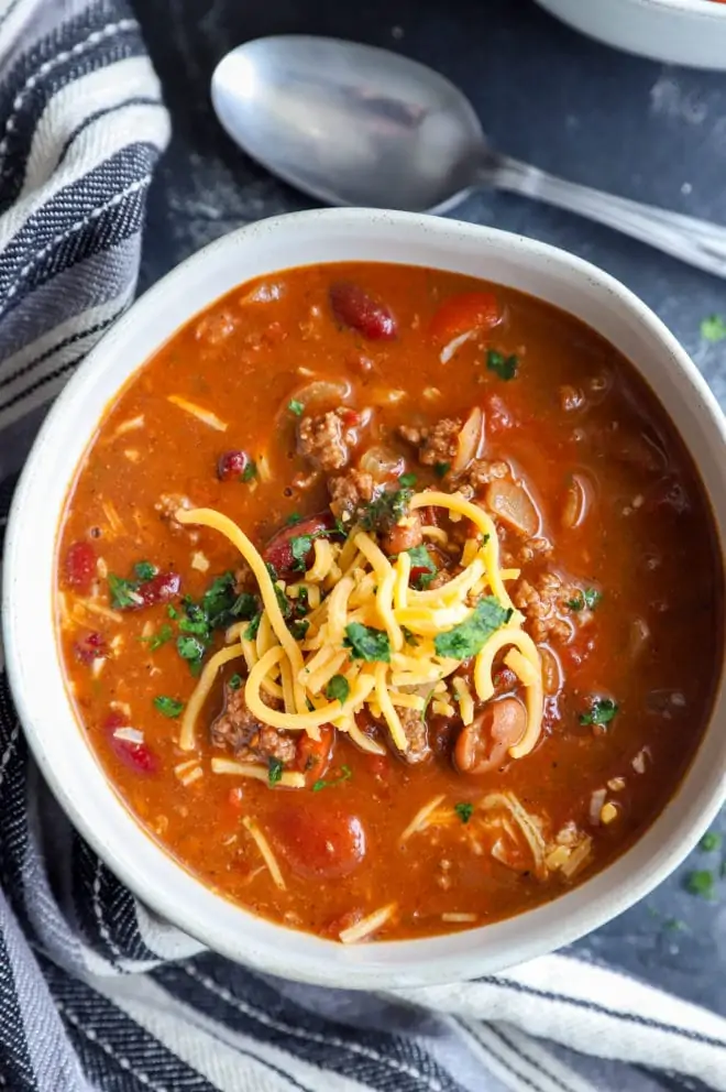 Overhead image of chili in a bowl with a spoon