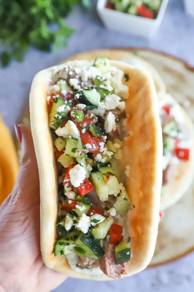 Hand holding a greek gyro