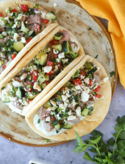 Overhead photo of greek lamb gyro tacos