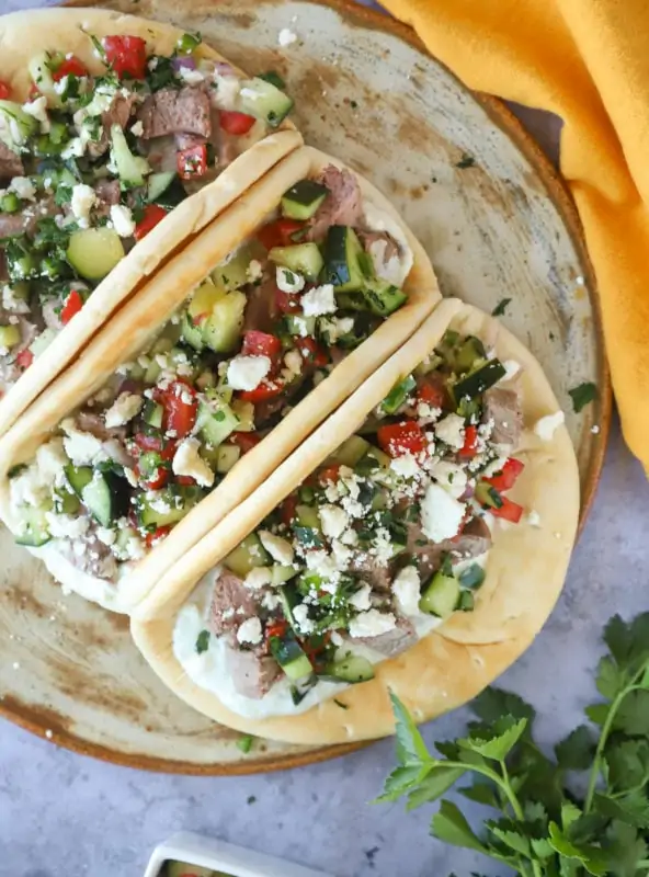 Overhead photo of greek lamb gyro tacos