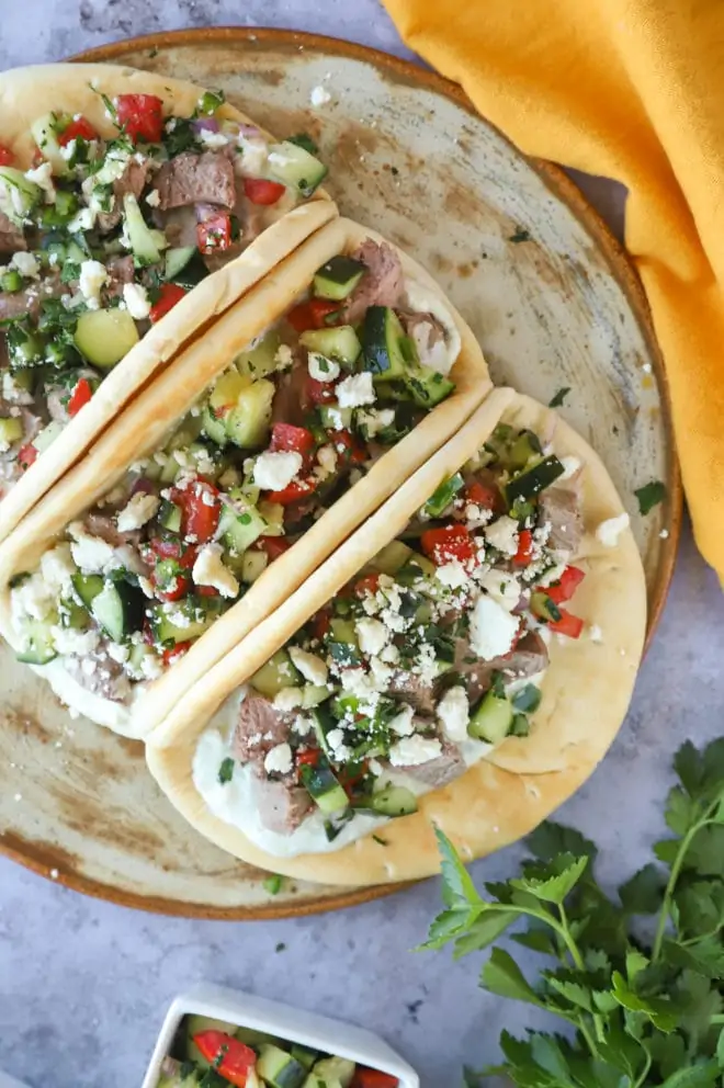 Overhead photo of greek lamb gyro tacos