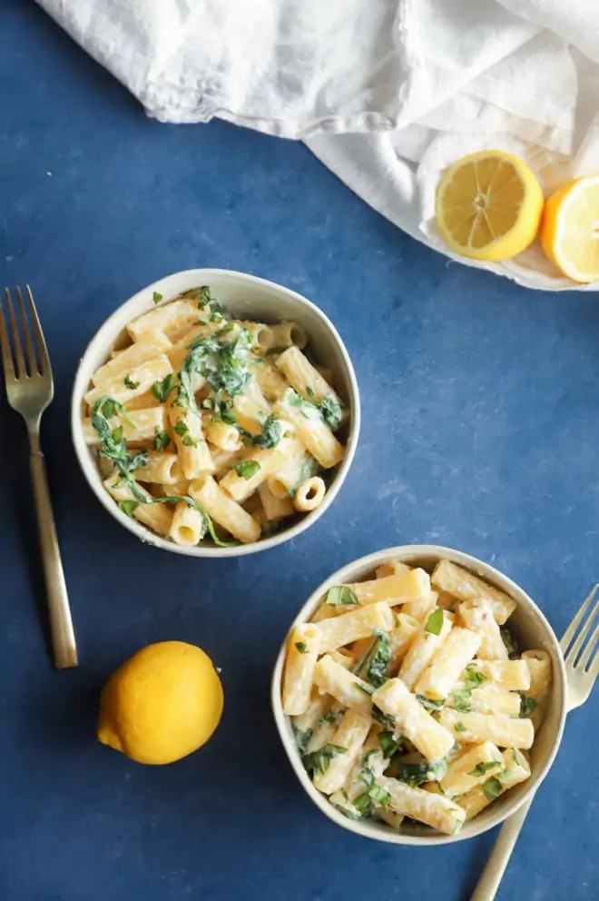 Overhead photo of lemon pasta in bowls