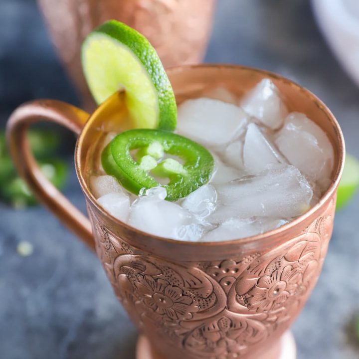 Jalapeno tequila cocktail in copper mug