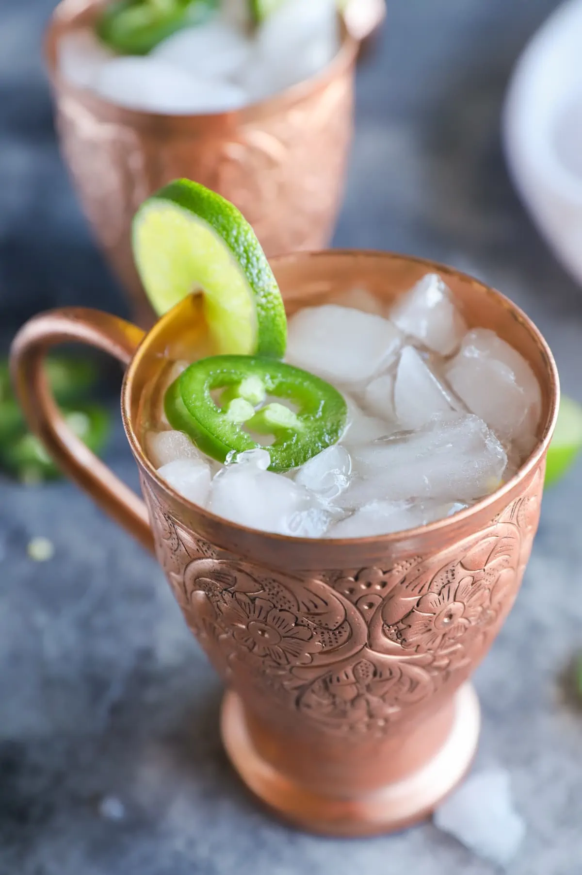 Jalapeno tequila cocktail in copper mug