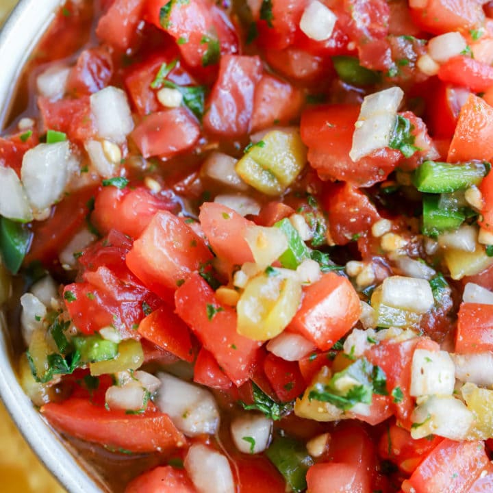 Overhead image of chunky salsa in a bowl