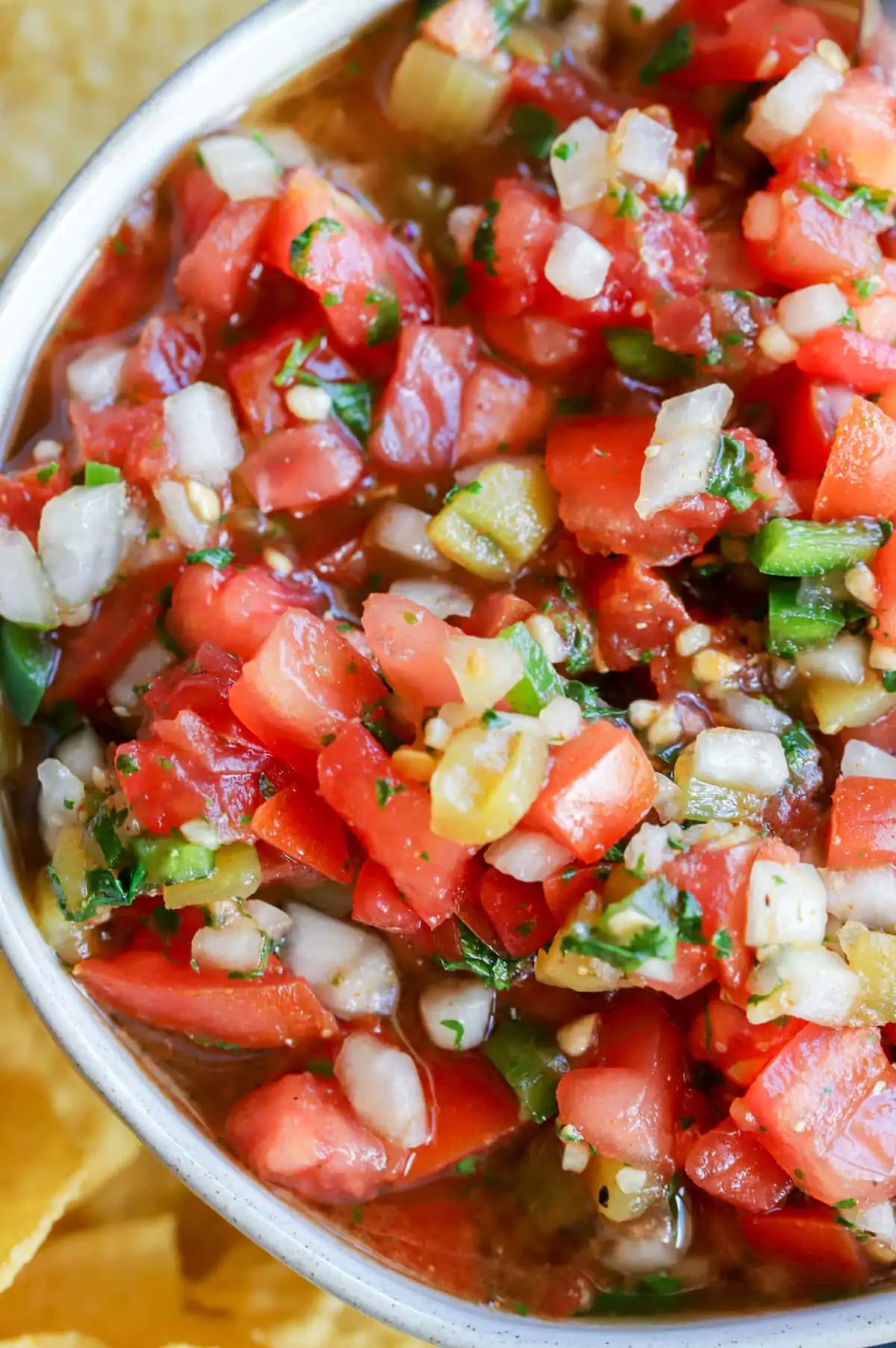 Overhead image of chunky salsa in a bowl