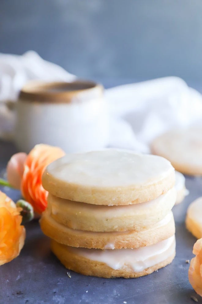 Glazed shortbread cookies in a stack image