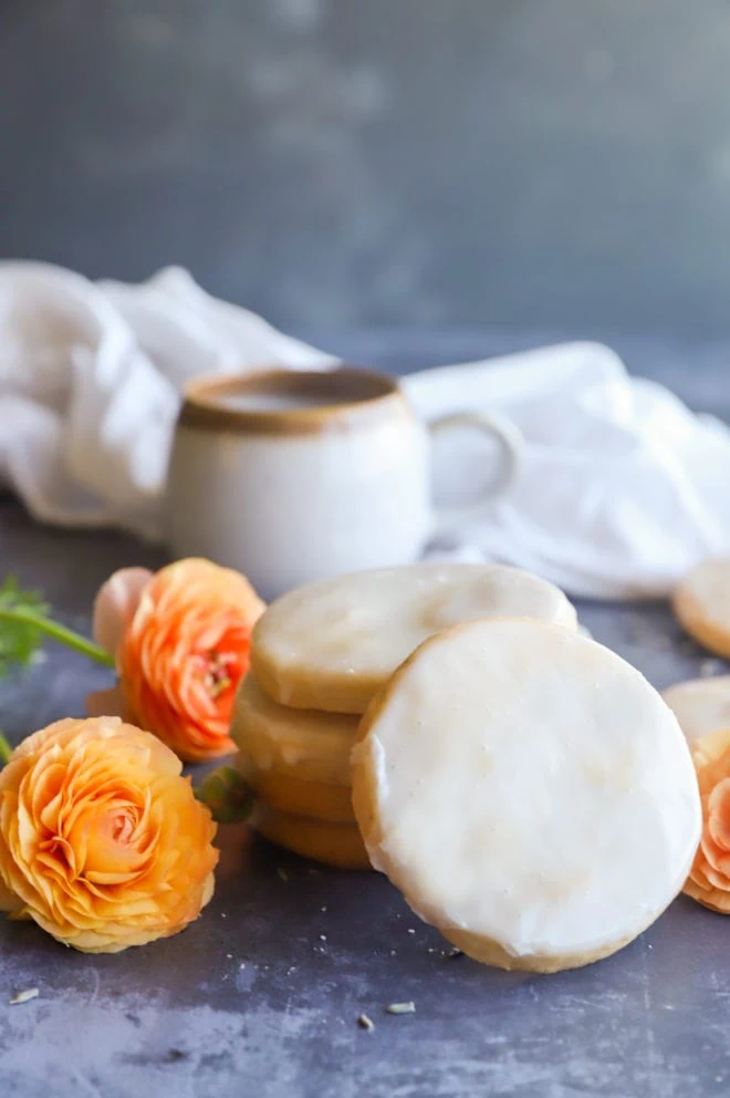 Image of stacked lemon lavender shortbread cookies