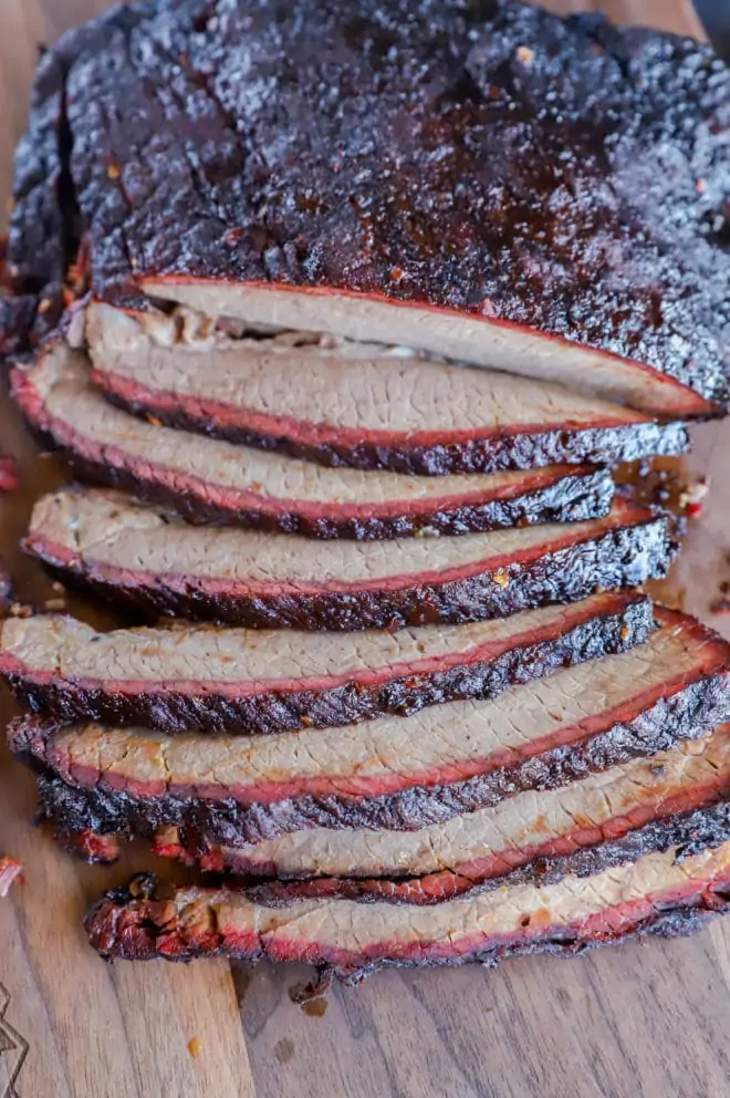 Overhead image of traeger brisket on cutting board