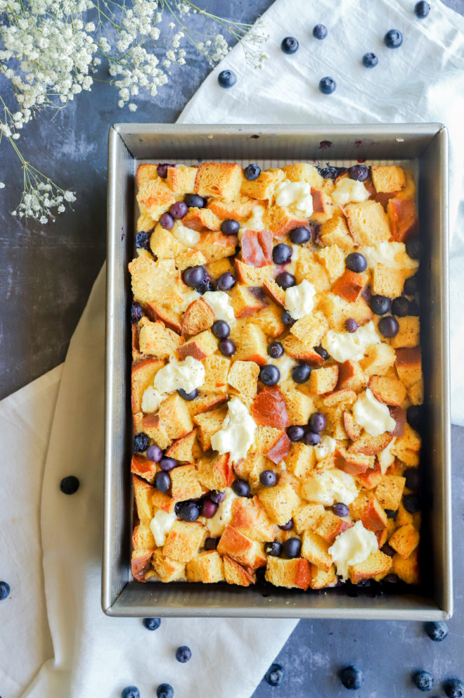 Overhead image of overnight french toast in pan