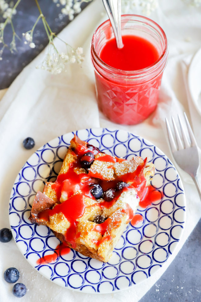 Slice of red white and blue french toast casserole