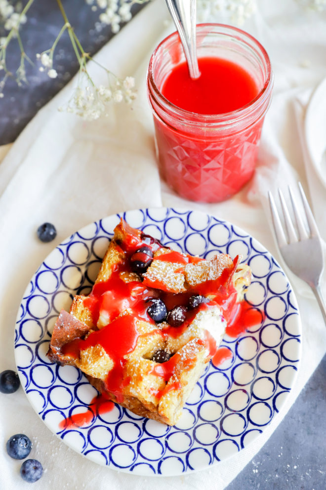 Slice of red white and blue french toast casserole