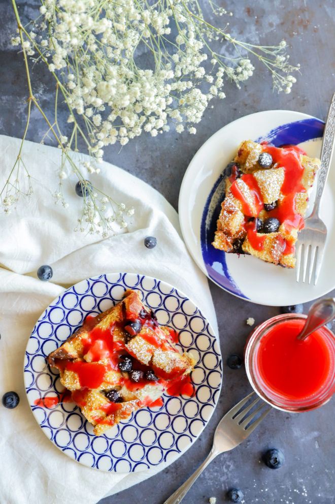Slices of red white and blue breakfast bake overnight recipe