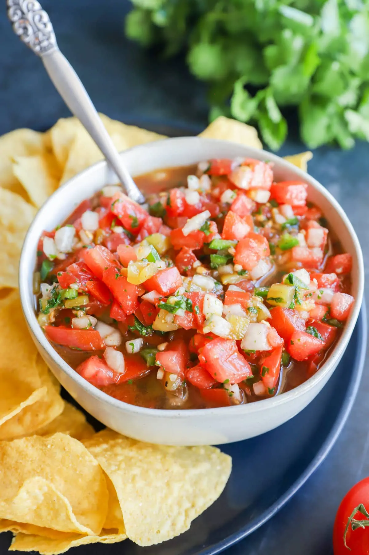Spoon in bowl of salsa with chips