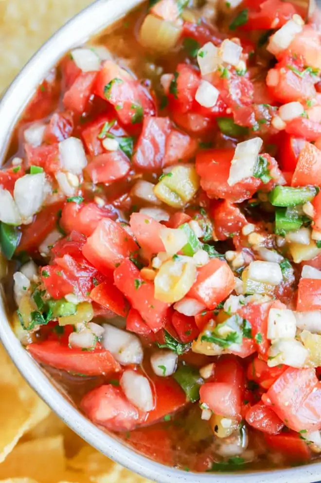 Overhead image of chunky salsa in a bowl