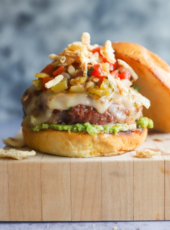 Salsa Jalapeño Crunch Burger on butcher block Image