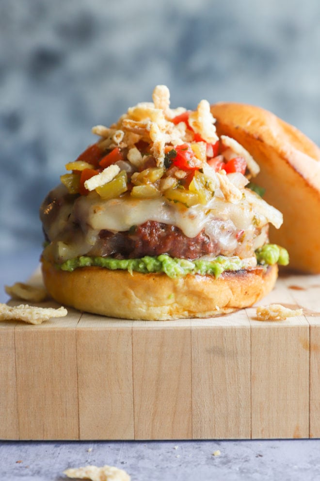 Salsa Jalapeño Crunch Burger on butcher block Image