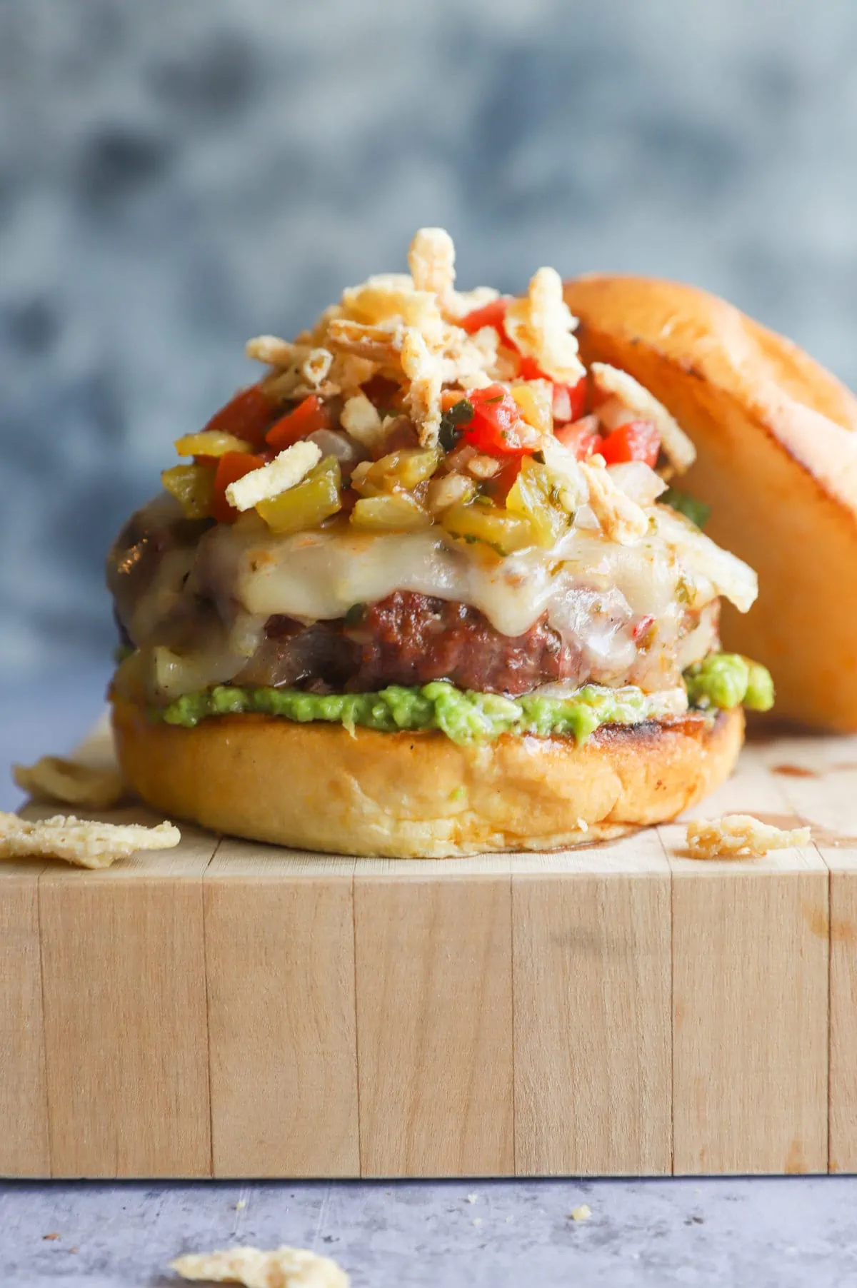 Salsa Jalapeño Crunch Burger on butcher block Image
