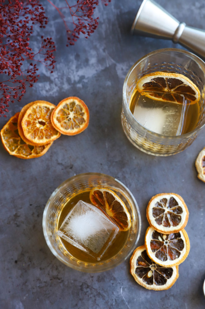 Overhead image of cocktails in glasses