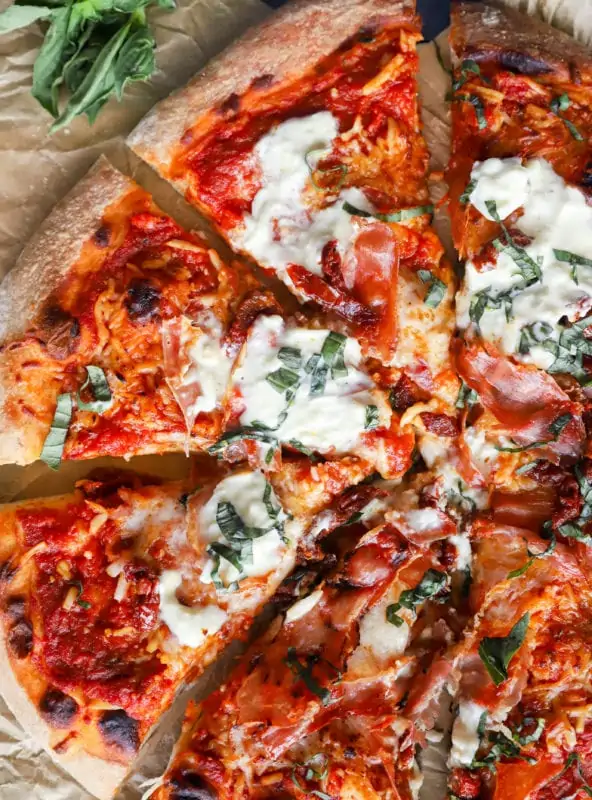 Overhead image of grilled burrata pizza