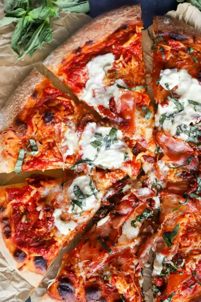 Overhead image of grilled burrata pizza labor day