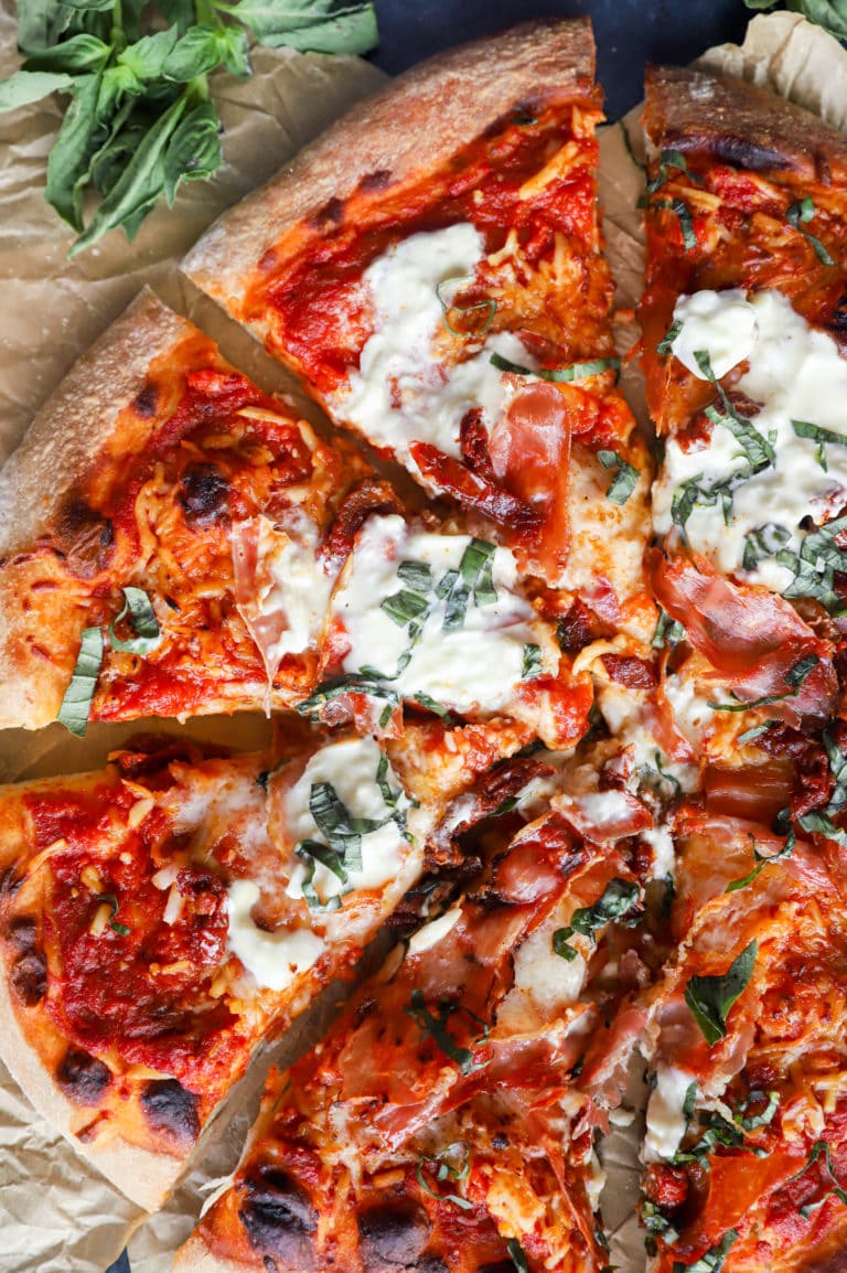 Overhead image of grilled burrata pizza