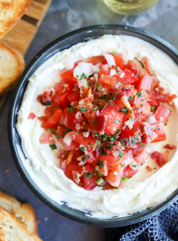 Overhead whipped goat cheese dip in bowl image