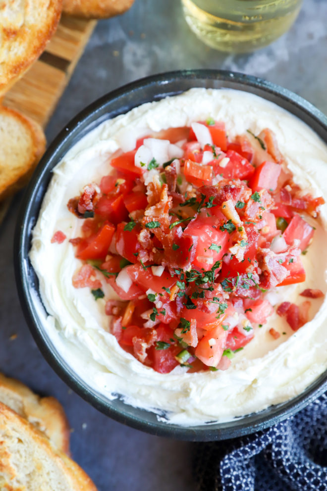 Overhead whipped goat cheese dip in bowl image