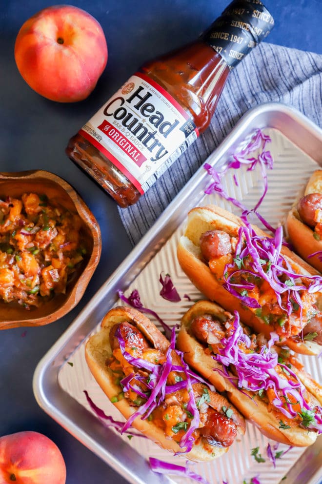 Head Country BBQ brats with peach salsa