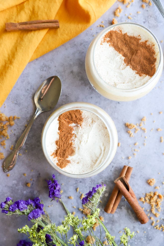 Overhead image of pumpkin cheesecake mousse in glasses
