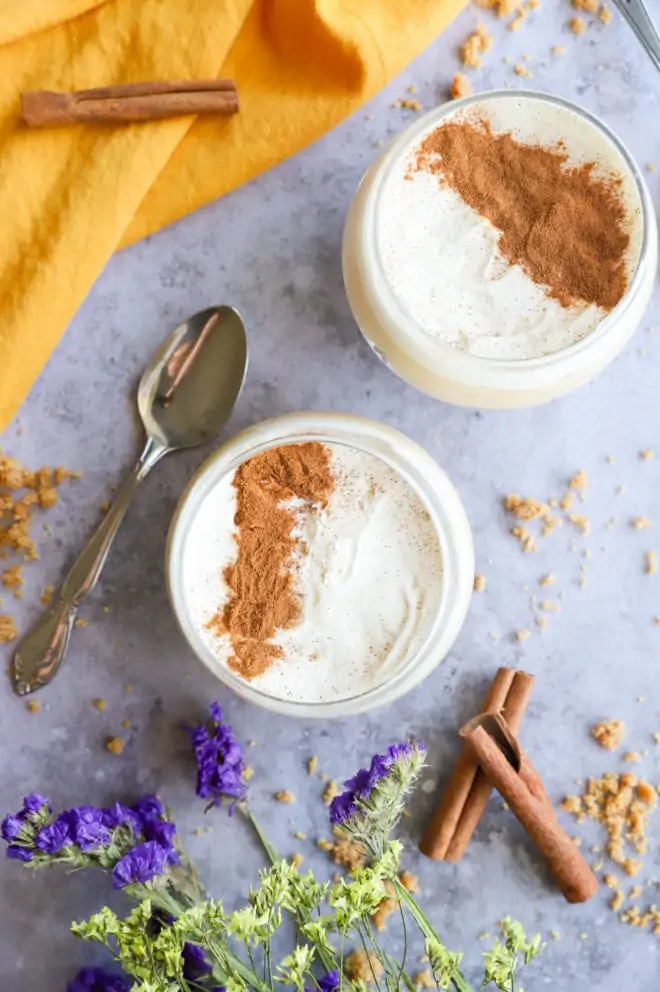 Overhead image of pumpkin cheesecake mousse in glasses