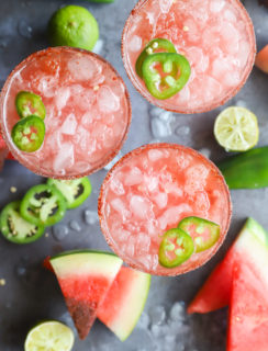 Overhead image watermelon margaritas in glasses
