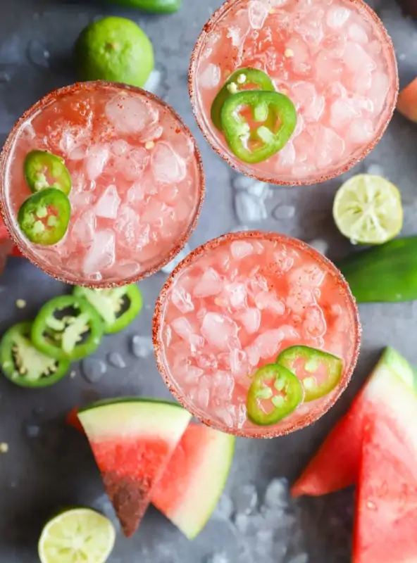 Overhead image watermelon margaritas in glasses