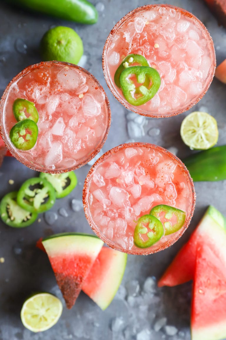 Overhead image watermelon margaritas in glasses