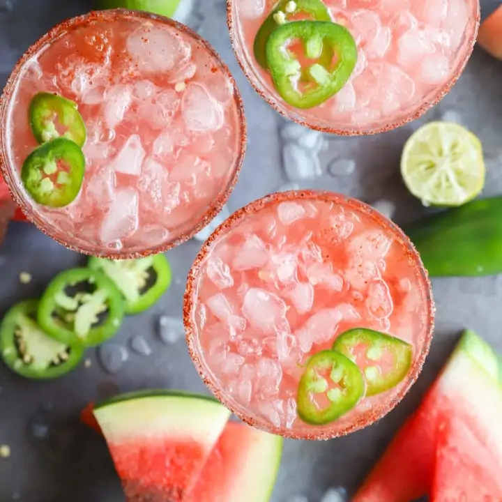 Overhead image watermelon margaritas in glasses
