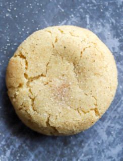 Single snickerdoodle cookie on sheet pan photo