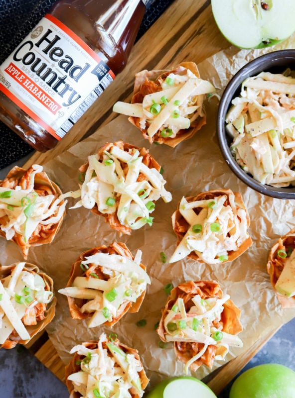 Spicy BBQ Chicken Wonton Cups with Apple Coleslaw